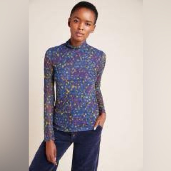 Anthropologie Plus NWT Gauzy Lined Turtleneck Mesh Top in Purple Dark Floral 2X - Picture 1 of 12